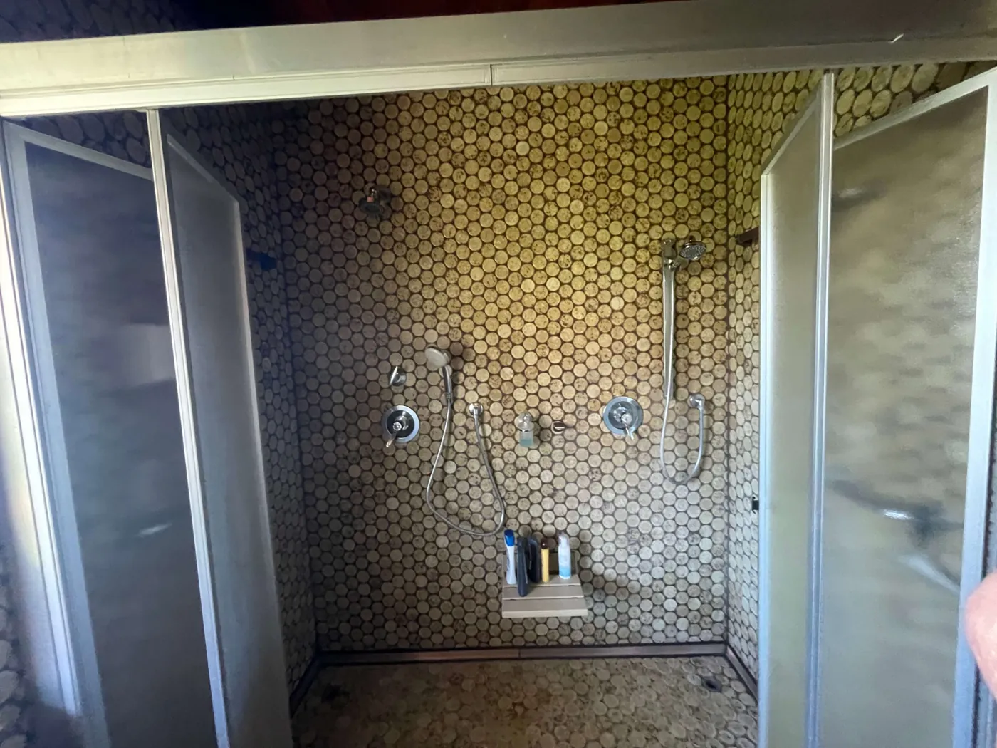 Alte Dusche mit Glaswänden und Mosaikfliesen vor der Sanierung